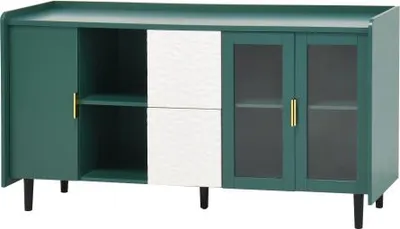 Produktbild von Vitrine Moderner Vorratsschrank 150x40x80 Cm Holz Gruen 2 Schubladen 2 Offene Ablagefaecher 2 Glasturen Kaffeebar Aufbewahrung Fur Kuche Wohnzimmer