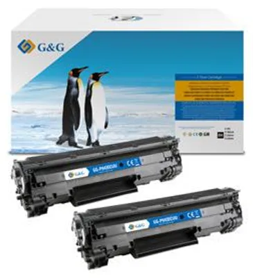 A product box with two toner cartridges in the foreground.