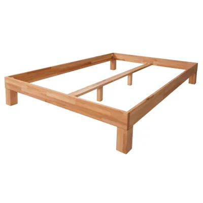 A wooden bed frame shown from a diagonal angle against a white background.