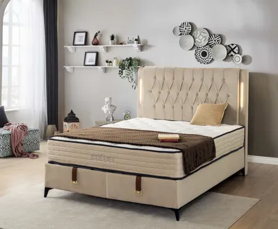 Produktbild von BAHAMA Beige Velvet  Set  Samt Boxspringbett Set LED-Beleuchtung Set 4 teilig 180x200 cm inkl. Matratze Hydraulisch Stauraum Doppelbett