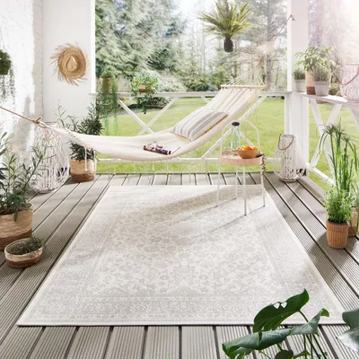 Produktbild von Steffensmeier Indoor Outdoor Teppich Öland Balkon Terrasse Küche Garten wasserfest Kunststoff, strapazierfähig , Oriental Beige Silber, 160x230 cm
