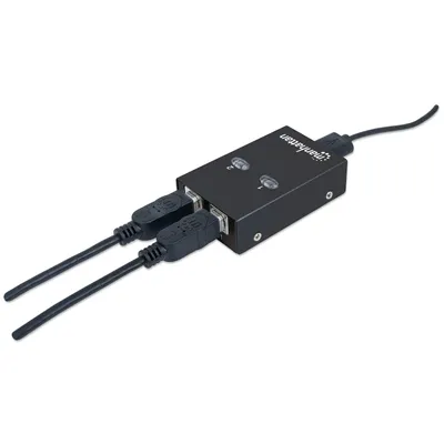 Produktbild von Manhattan 2-Port USB 2.0-Umschalter, 1 x USB-A-Port auf 2 x USB-B-Port, Auto-Sensing, Umschalten per Tastaturkürzel oder per Tastendruck am Gerät, USB 2.0, USB Typ-B, 480 Mbit/s, Weiß, Acrylnitril-Butadien-Styrol (ABS), 1,5 m, FCC CE RoHS WEEE