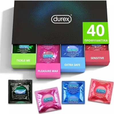 Produktbild von Durex 3100472, Männliches Kondom, Gerippt & gepunktet, Mehrfarbig, Latex, 56 mm, 40 Stück(e)