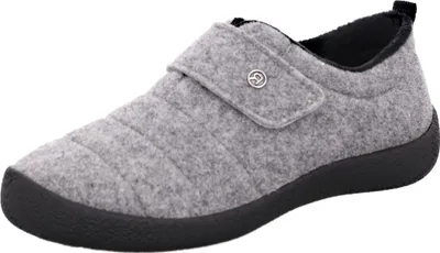 A single gray slipper with a black sole and a velcro strap is shown against a white background.