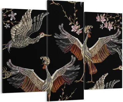Produktbild von Bild auf Leinwand - Leinwandbild - 3 Teile - Asiatisch Vögel Verziert - 130x100cm - Wand Bild - Wanddeko - Wandbilder - Leinwanddruck - Bilder - Wanddekoration - Leinwand bilder - CB130x100-4556