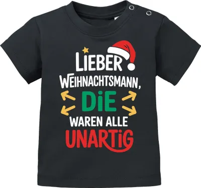 Produktbild von Baby Shirt kurzarm XMAS Spruch Lustig Lieber Weihnachtsmann die waren alle unartig Weihnachtsshirt Babyshirt Jungen Mädchen MoonWorks®