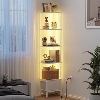 Obrázek produktu pro Rohová skříňka s 5 policemi, LED osvětlením, látkovou zásuvkou, úzká, 172 cm, bílá