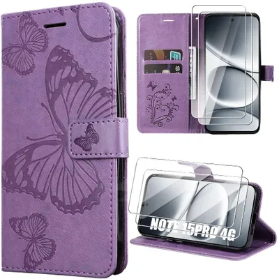 Image de Coque + 2 Verres Trempés pour Xiaomi Redmi Note 15 Pro 4G, Cuir Synthétique Violet Motif Papillon