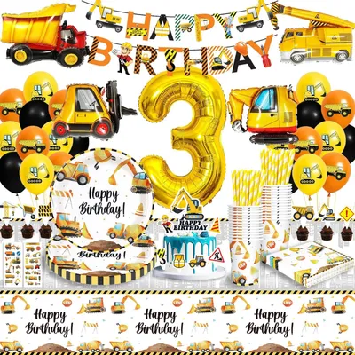Produktbild von Kinder Partyset Bauplatz Thema, 16 x 22 cm Pappteller, 16 Becher, Servietten, Luftballons für