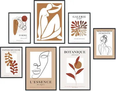 Produktbild von Hyggelig Home Premium Poster Set - 7 passende Bilder OHNE RAHMEN im stilvollen Set 3 x DIN A3 + 4 x DIN A4 - Set Matisse Art, Option:mit Rahmenset schwarz