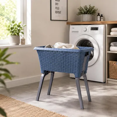 Productafbeelding van Wasmand, wasverzamelaar met opklapbare voetjes, blauw, afmetingen 60 cm breed, 40 cm diep, 28/58 cm hoog
