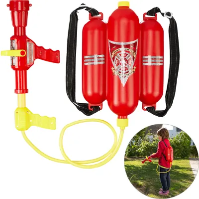Produktbild von Relaxdays 10027680 Hasičská vodní stříkačka, nádrž na vodu 2,5 l, dosah 5 m, 2 funkce stříkání, hasičský batoh pro děti, červenožlutá barva