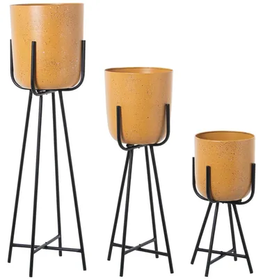 Produktbild von DRW Set von 3 Pflanzgefäßen mit Fuß aus Keramik und Metall, Schwarz, 32 x 32 x 99, 30 x 30 x 76 und 28 x 28 x 51 cm