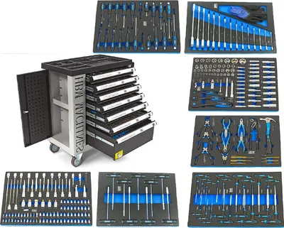 Immagine prodotto di Carrello completo di attrezzi professionale Hbm,set 262 pezzi con 7 cassetti 6 scomparti e ruote da officina Carbon premium Olanda