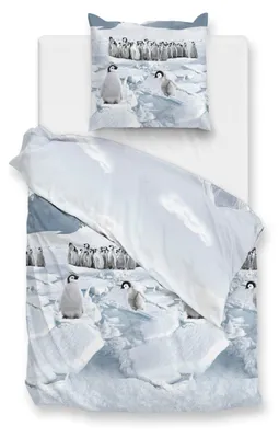 Produktbild von Zohome Pinguini Bettbezug - 135x200 cm – 100% Baumwoll-Flanell – Hochwertige Bettwäsche mit motiv – Weich - Atmungsaktiv und Hautfreundlich – inkl. 80x80 cm Kissenbezug – Blau