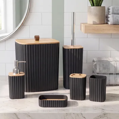 Produktbild von INONEFT 6-tlg Bad-Accessoire-Set mit Zahnbürstenhalter, Mundspülbecher, Seifenspender, Seifenschale, Badabfalleimer, Toilettenbürste Halter, Schwarz