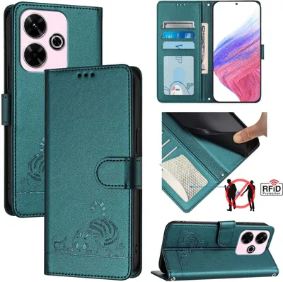 Produktbild von Leder Hülle für Xiaomi Redmi 13 / Note 13R Süße Katze Flip Case Brieftasche Schutzhülle mit Standfunktion Grün