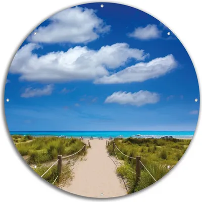 Produktbild von Wallario rundes Outdoor-Poster für Garten oder Balkon, Motiv Sandweg zum blauen Meer mit blauem Himmel, 60 cm Durchmesser
