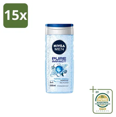 Obrázek produktu pro 15 kusů sprchového gelu Nivea Men Pure Impact 3-v-1 - 250 ml - balení