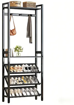 Image de Portemanteau d'entrée - Étagère à chaussures et portemanteau - Hauteur 180 cm - Structure en acier - Tringle et crochets - Pour chaussures et sacs - Noir
