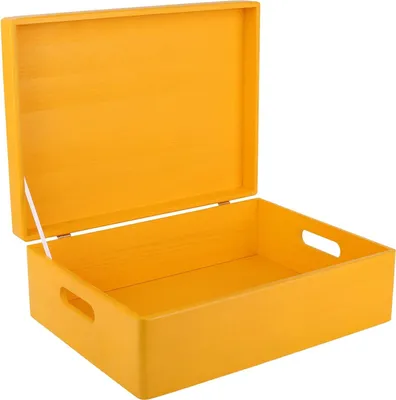 Produktbild von Creative Deco XL Gelb Große Holzkiste Aufbewahrungsbox Spielzeug | 40 x 30 x 14 cm (+/- 1 cm) | Mit Deckel zum Dekorieren Aufbewahren | Mit Griff | Perfekt für Dokumente, Wertsachen und Werkzeuge
