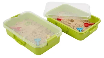 Obrázek produktu pro Pískoviště Relaxdays s víkem, sada 2 ks, plast, rozměry: 8 x 38 x 25 cm, malé pískoviště pro děti, do interiéru, světle zelené