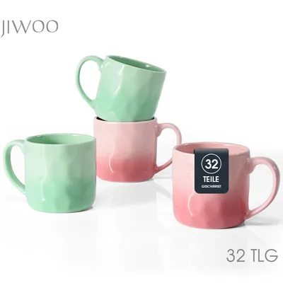 Produktbild von Kaffeetassen Set 32-teilig 360ml aus Keramik – bunte große Tassen für 32 Personen Kaffee- & Teebecher, Porzellan, spülmaschinen- & mikrowellengeeignet