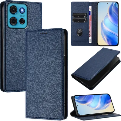 Image de Etui en cuir pour Motorola Moto G75, Litschi cuir, étui portefeuille avec fentes pour cartes et support Bleu