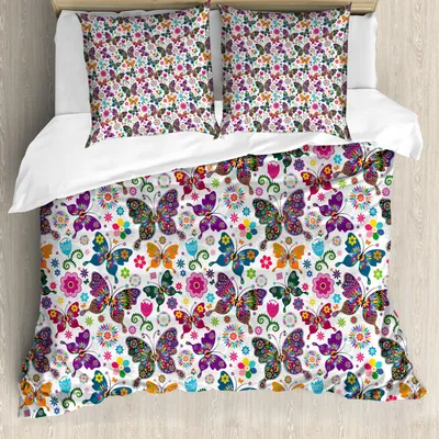 Produktbild von ABAKUHAUS Schmetterling Bettbezug Set, Sechziger und Siebziger inspirierte komplexes Bild mit floralen Elementen und Schmetterlingen, 155 x 220 cm + 80 x 80 cm, Mehrfarbig