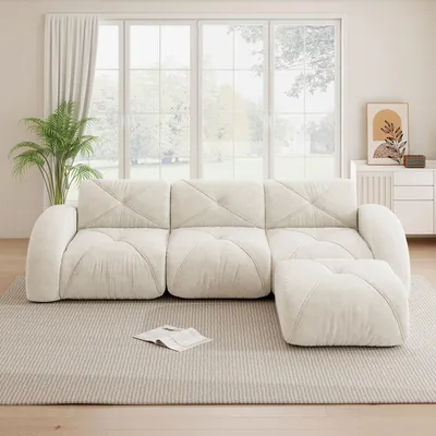 Imagen del producto de Sofá modular de 3 plazas en color beige claro, sofá de esquina en forma de L con reposapiés, tapizado en suave tejido de chenilla, diseño sin marco, dimensiones: 281x171x76 cm, ideal para el salón