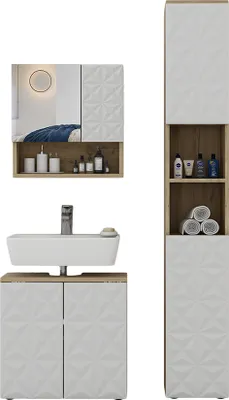 A bathroom vanity set with a sink, mirror cabinet, and tall cabinet, displayed against a white background.