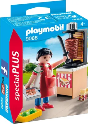 A Playmobil set featuring a kebab grill and vendor.