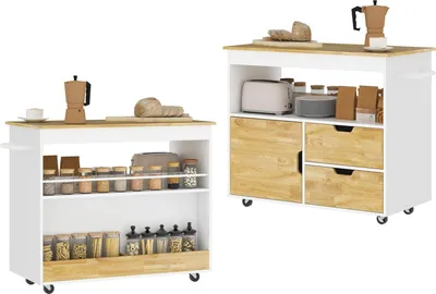 Produktbild von Küchenwagen Servierwagen mit Arbeitsplatte, Schubladen, Rollwagen mit Küchenschrank mit Soft-Close-Tür, Griff, Kücheninsel mit offenem Fach für Büro, 107x50x85cm, Eiche