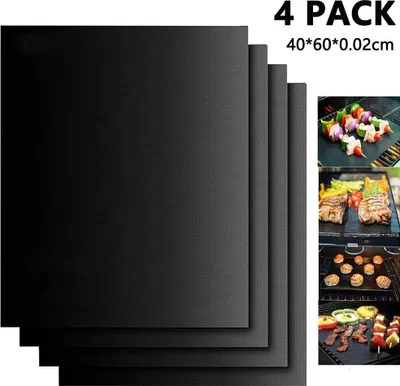 Obrázek produktu pro Sada 4 nepřilnavých grilovacích podložek, extra velké grilovací podložky a bambusové špízy na táborák, podložky na pečení/grilovací podložky pro plynové a dřevěné grily