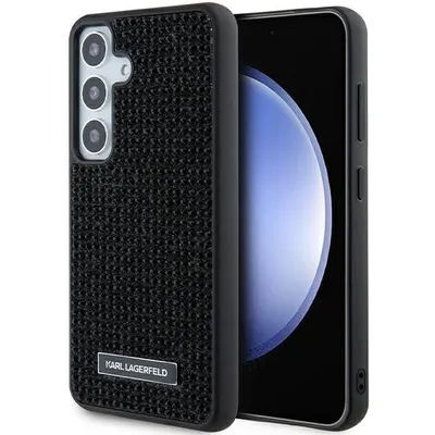 A black phone case with a textured surface and a metal logo is shown next to a smartphone.