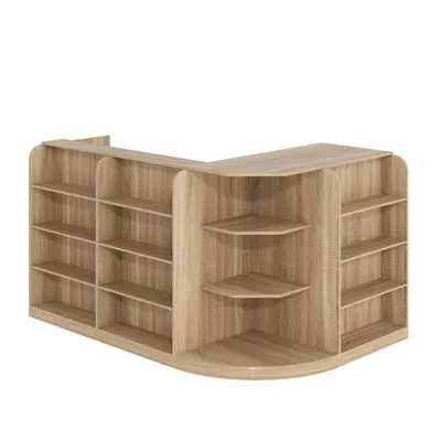 Produktbild von L-Form Empfangstheke für Nagelstudio, P2 MDF mit Schubladen & Ablagen, Für Kosmetikstudio & Beauty Praxis, Eiche-Optik, 180x120x100cm
