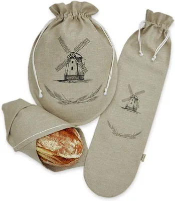 Produktbild von Linen-Set aus 3 Teilen: 1 x 34 x 45 cm großes Brotbeutel + 1 x 18 x 70 cm großes Baguettas + 1 x 38 x 55 cm großes Linnen-Tuch - Brotbeutel aus 100% Naturlinnen - herstellbar - bedruckt - recycelbar