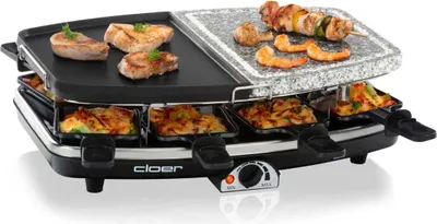 Produktbild von Cloer 6435 Raclettegrill mit geteilter Naturstein- & Alu-Druckgussplatte, inkl. 8 antihaftbeschichteter Raclette-Pfännchen, Temperaturregler &
