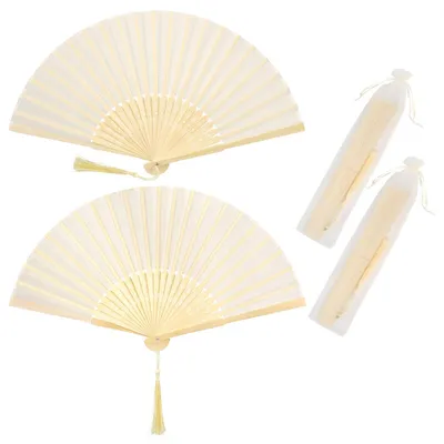 Produktbild von Handfächer, 2er Klein Handfächer aus Stoff für eine Abkühlung im Sommer, Faltbar Fächer mit Quaste und Fan-Tasche für Hochzeite Bevorzugung Aufführung