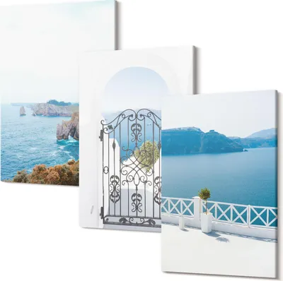 Obrázok produktu pre Obraz Na Plátne – Foto Na Plátno – Fotoplátno – Vyšoká Kvalita – Tlač Fotografii – Rám Z Dreva – Matné Plátno – Pripravené Na Zavesenie – Set 3 Kusy – 40x60 Cm – Výhľad na more s gréckou architektúrou