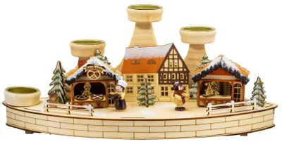 Teelichthalter & Adventslampe, Holz, 38x15x17 cm, Weihnachtsmarkt-Motiv