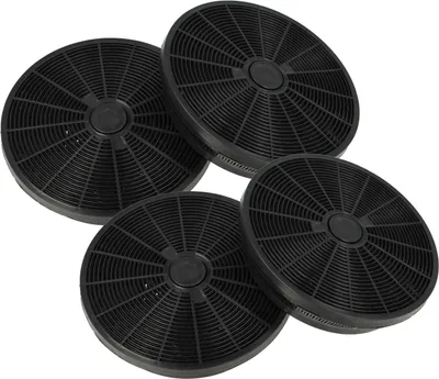 Four black circular activated carbon filters are arranged in a cluster on a white background.