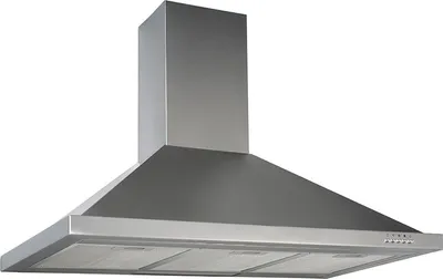 A stainless steel range hood is shown against a white background.