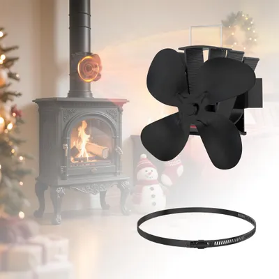 Productafbeelding van QEENTOE Kachelventilator, ovenventilator, 4 bladen, werkt op warmte, geen elektriciteit nodig, geruisloos, geschikt voor kachel, houtoven en open haard, zwart