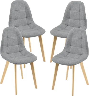 Four gray fabric dining chairs with wooden legs arranged in a group.