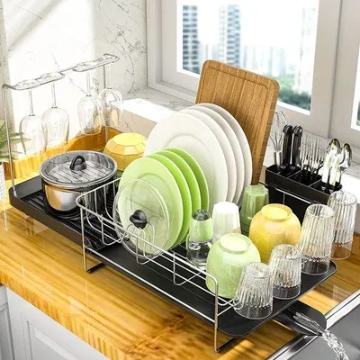 Produktbild von Famanu Abtropfgestell Aluminium 304 Edelstahl 2 Ebenen mit Besteckhalter und Becherhalter