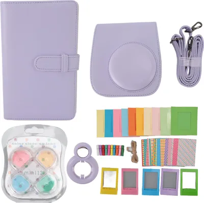 Obrázok produktu pre Instantný fotoaparát Ochranný kryt s fotorámikom Album Ramenný popruh Selfie Zrkadlo Filter NálepkaPolyuretánkožené puzdro pre Instax Mini12 Iris Purple