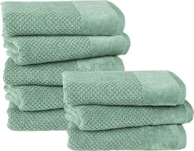 Produktbild von Pure Label 8-TLG Handtücher Set mit Aufhängeschlaufen aus Baumwolle, saugstark und weich | 8er Pack Handtücher 50x100 cm aus Baumwolle, Grün-Salbei