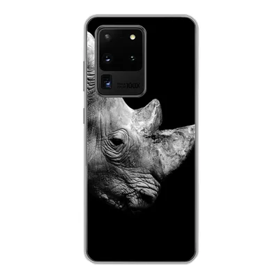 Produktbild von MuchoWow® Handyhülle Schutzhülle Hülle für Samsung Galaxy S20 Ultra Portrait Nashorn auf schwarzem Hintergrund Silikon Softcase Handy Hülle - Karteninhaber