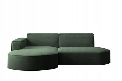 A dark green sectional sofa is shown against a white background.